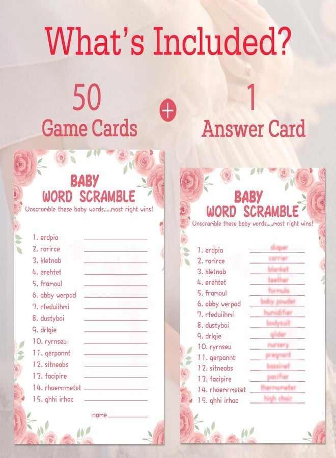 OLOUTAB 50 Baby Shower Games for Girl - Floral Theme Word Scramble, Thick Cardstock, Fun and Easy to Play (With Answer) - Image 2